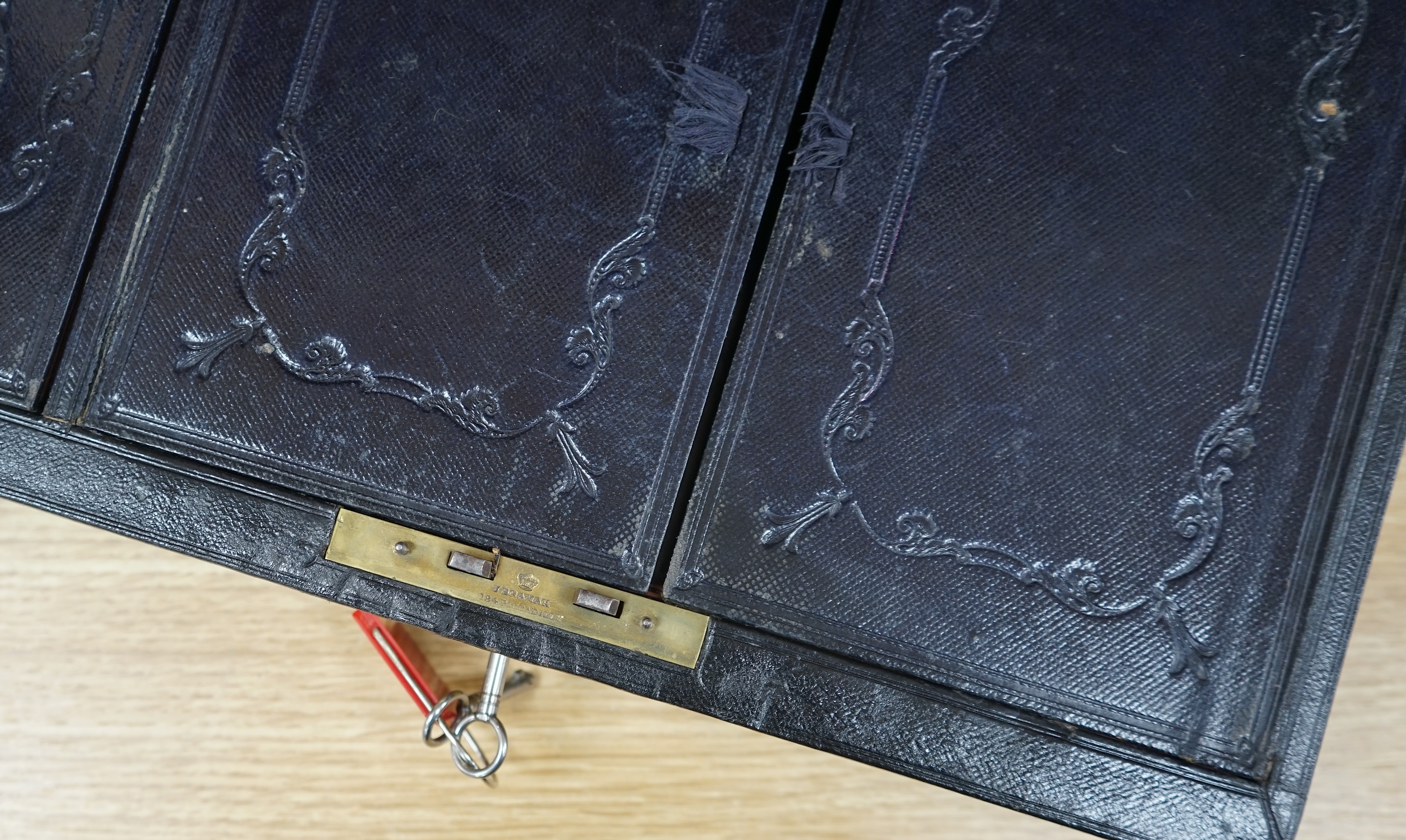 A Perry & Co London Travelling Writing Box, with Bramah Lock & Keys, 36cm wide. Condition - fair